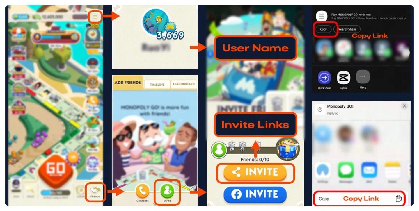 Step to find MONOPOLY GO username and invitation link