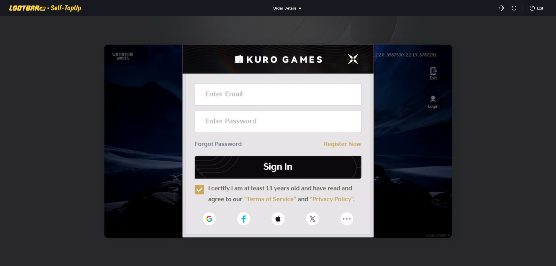 Access the game via Lootbar and log into your game account | Wuthering Waves top up procedures