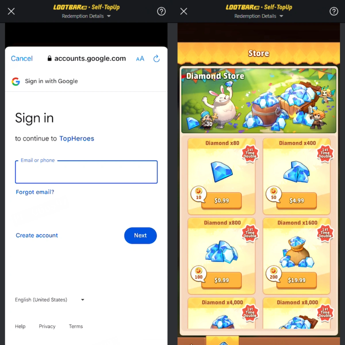 how to complete Top Heroes Top Up on LootBar? Step 3