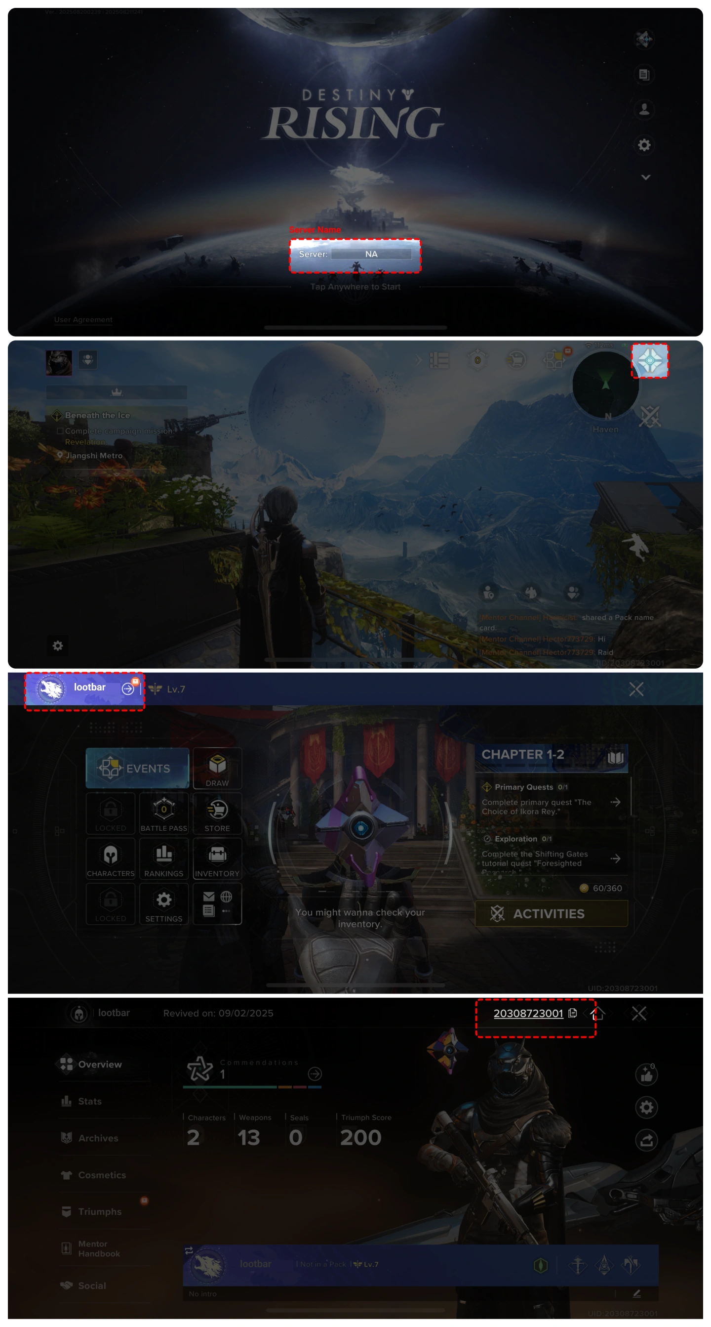 obtain Destiny: Rising Server name and UID in-game